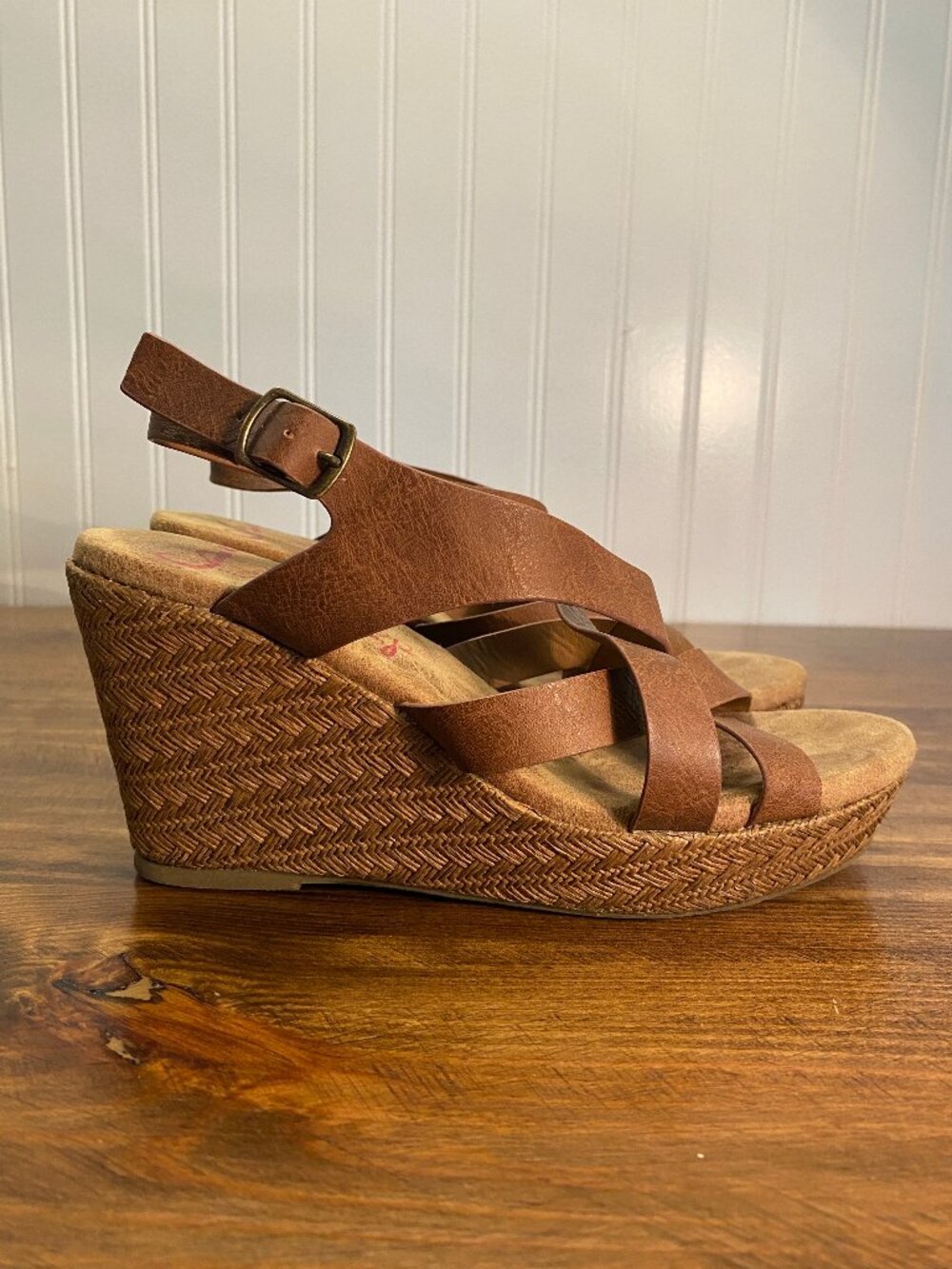 Jellypop - Brown Wedge Sandals - Criss Cross Slingback Comfort - Women's Size 7
